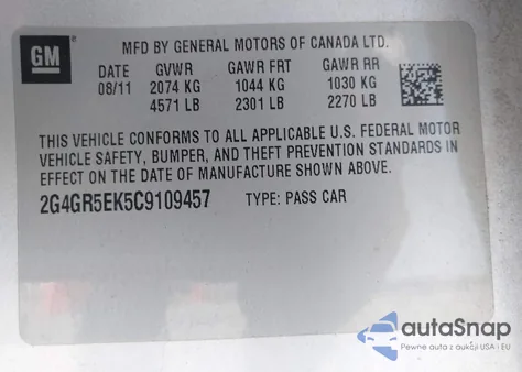 2012 Buick Regal z USA, uszkodzony, nr VIN 2G4GR5EK5C9109457